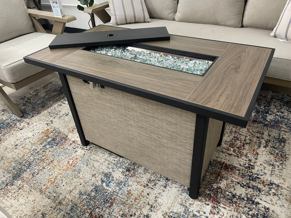 Oasis Outdoor Fire Pit Table Propane Fueled Aluminum w/ Lid and Fire Glass Shield