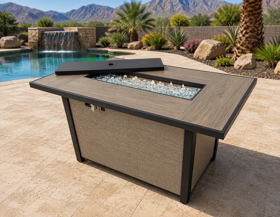 Oasis Outdoor Fire Pit Table Propane Fueled Aluminum w/ Lid and Fire Glass Shield
