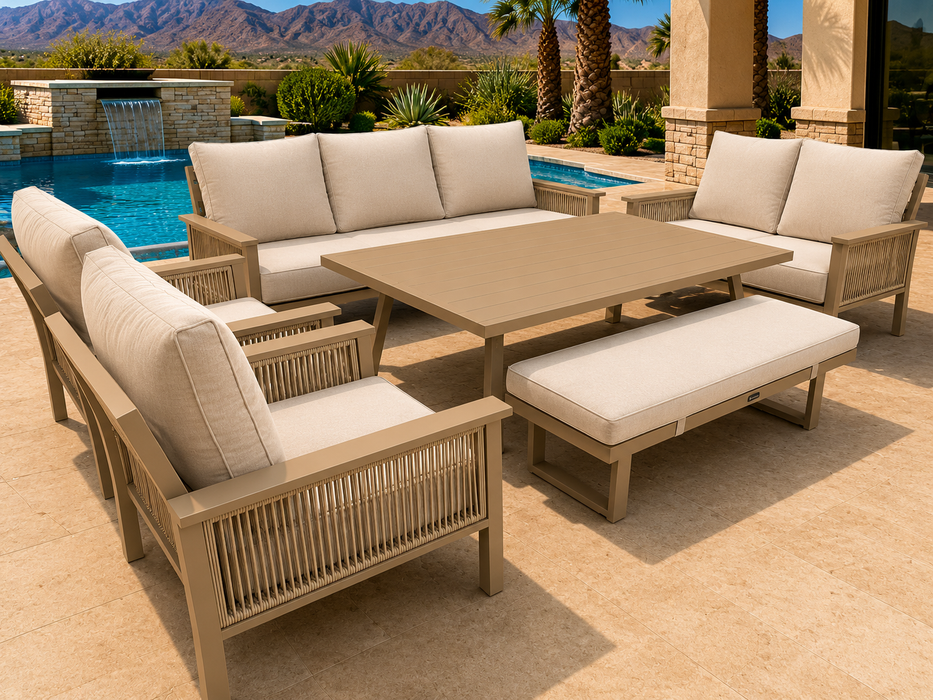 Eva 6-Piece Aluminum Dining Set (Table, Couch, Loveseat, Chairs, Bench)