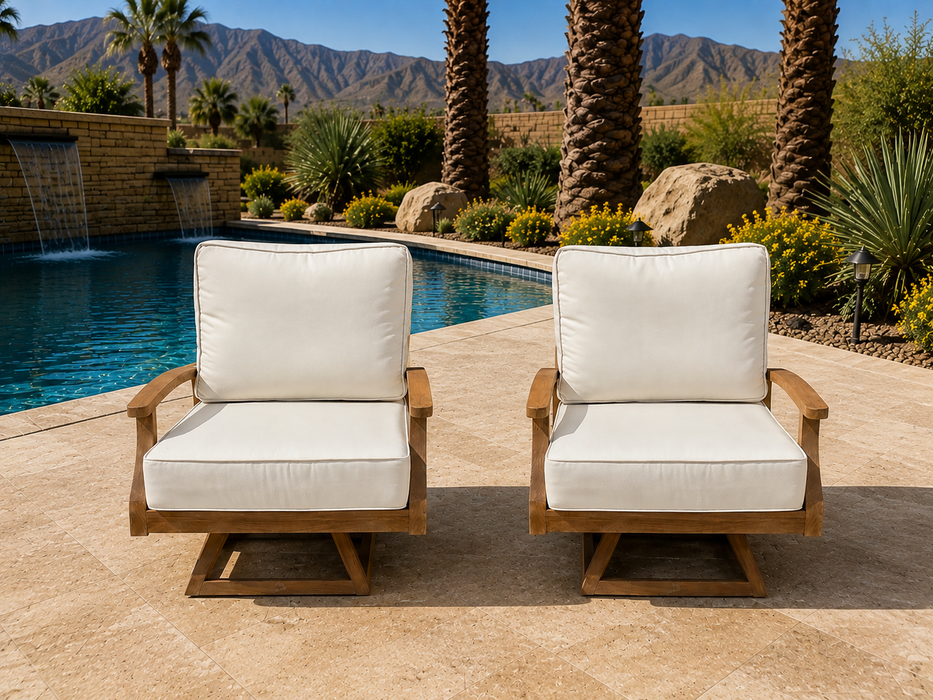 The Aunt Lin Teak Wood Sunbrella Cushion Swivel Pair