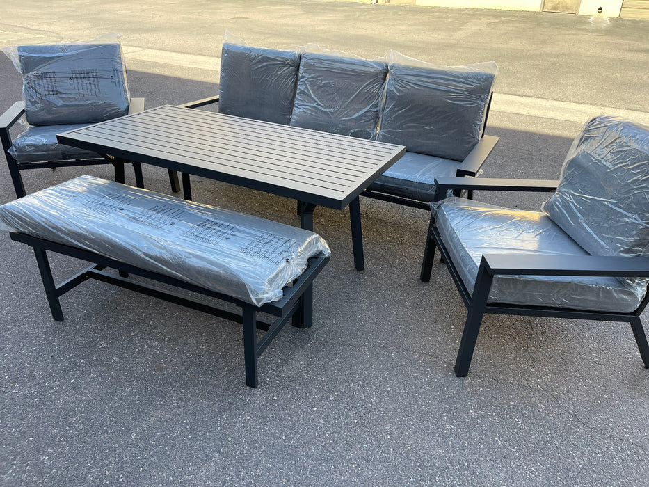 5 Piece Aluminum Dining Table Couch Chair and Bench Set
