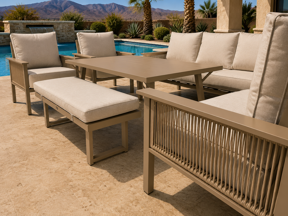 Eva 6-Piece Aluminum Dining Set (Table, Couch, Loveseat, Chairs, Bench)