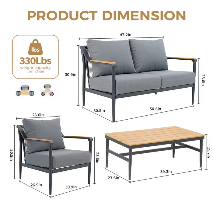 Modern 4 Piece Outdoor Patio Conversation Set with Gray Cushions & Coffee Table