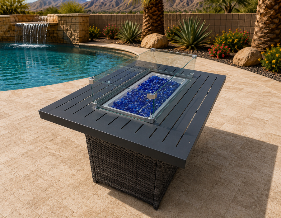 Oasis Outdoor Fire Pit Table Propane Fueled Aluminum w/ Lid and Fire Glass Shield