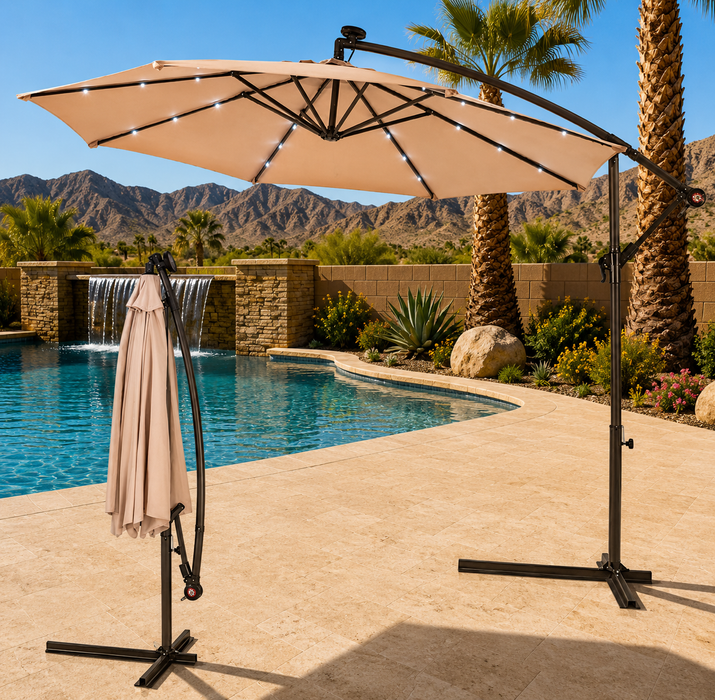 10 Foot Solar LED Offset Cantilever Hanging Patio Umbrella w/ Weighted Sand Base