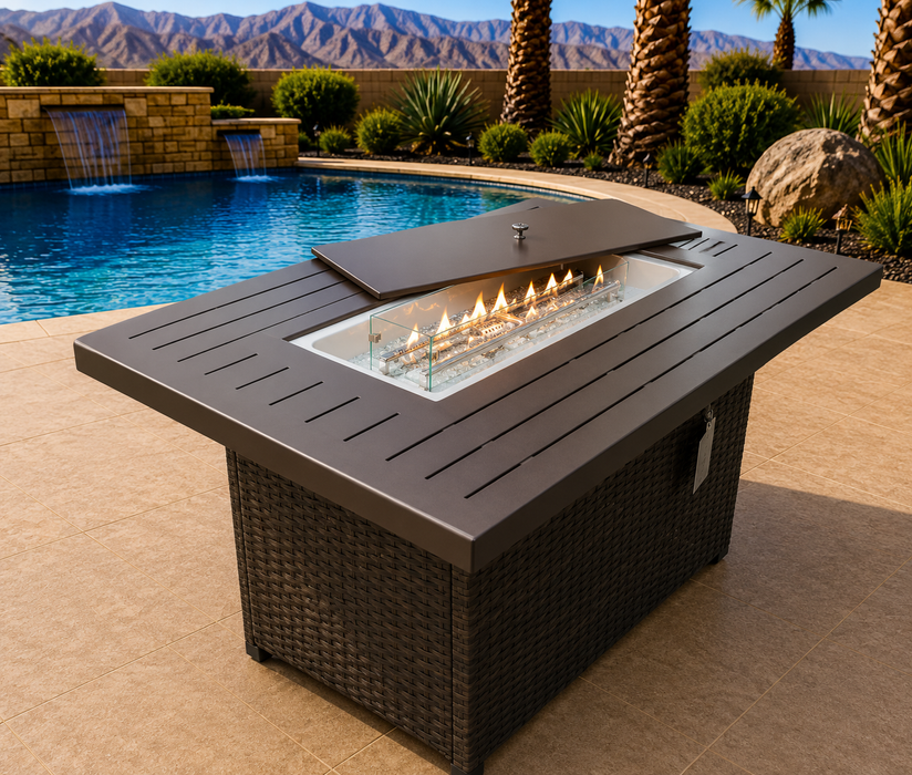 Oasis Outdoor Fire Pit Table Propane Fueled Aluminum w/ Lid and Fire Glass Shield