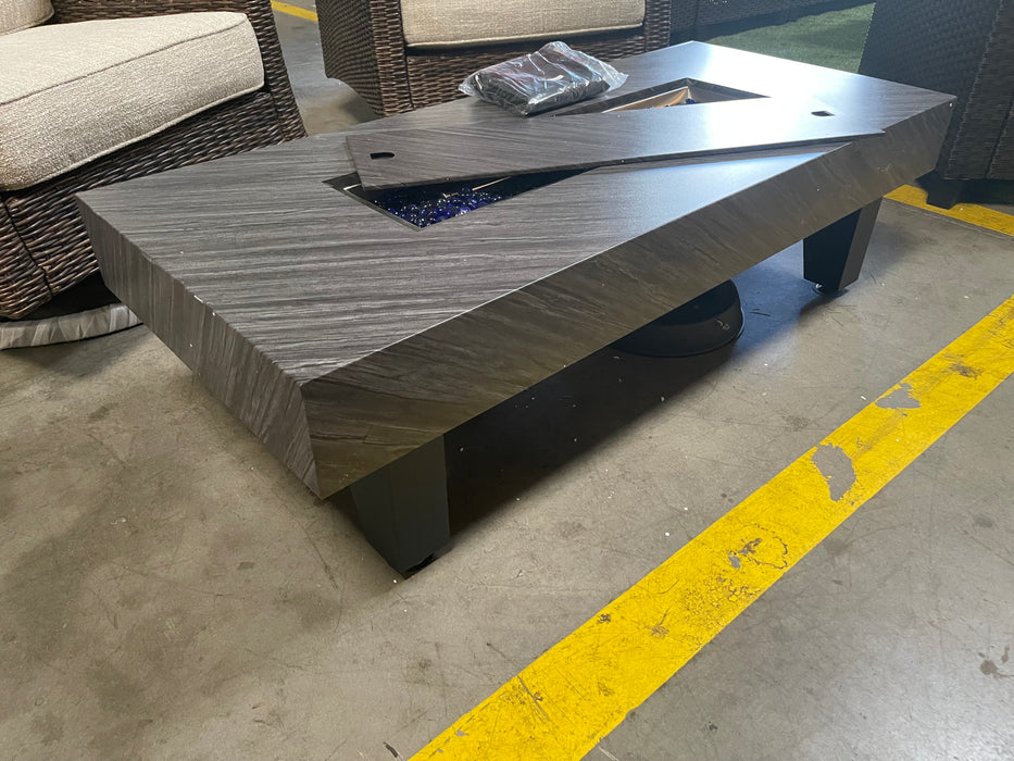 Oasis Outdoor Fire Pit Table Propane Fueled Aluminum w/ Lid and Fire Glass Shield