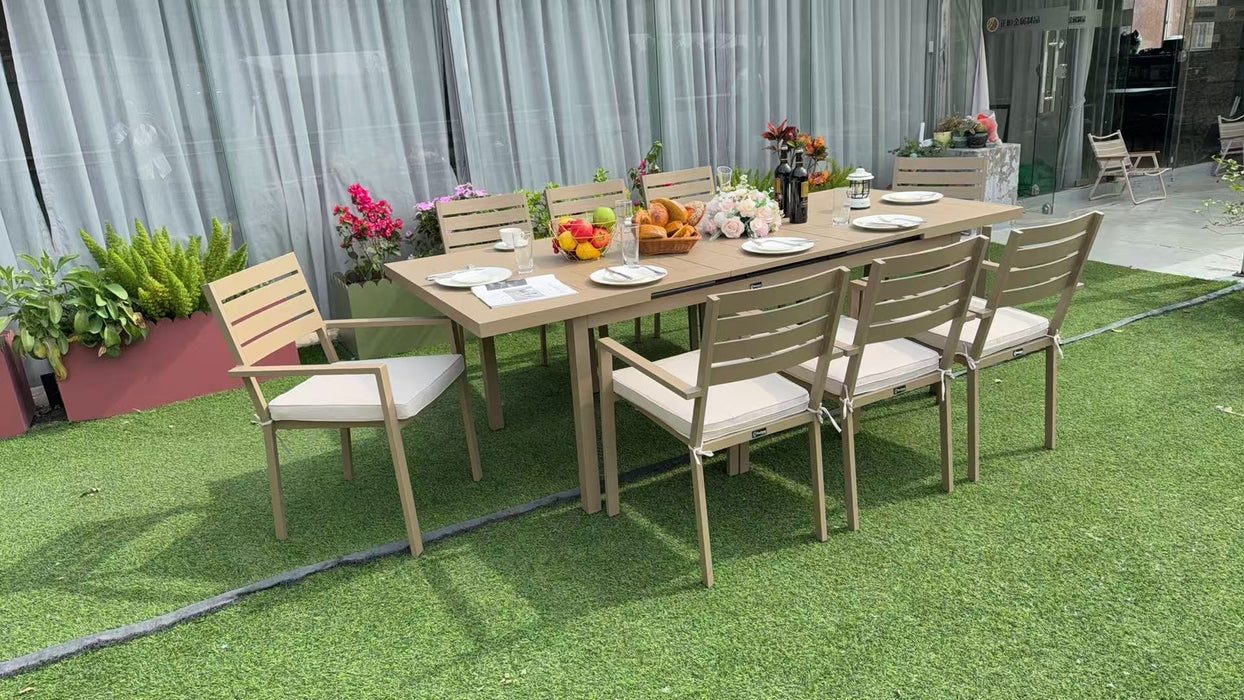 Eva Aluminum Beige Outdoor Extension Dining Table Set