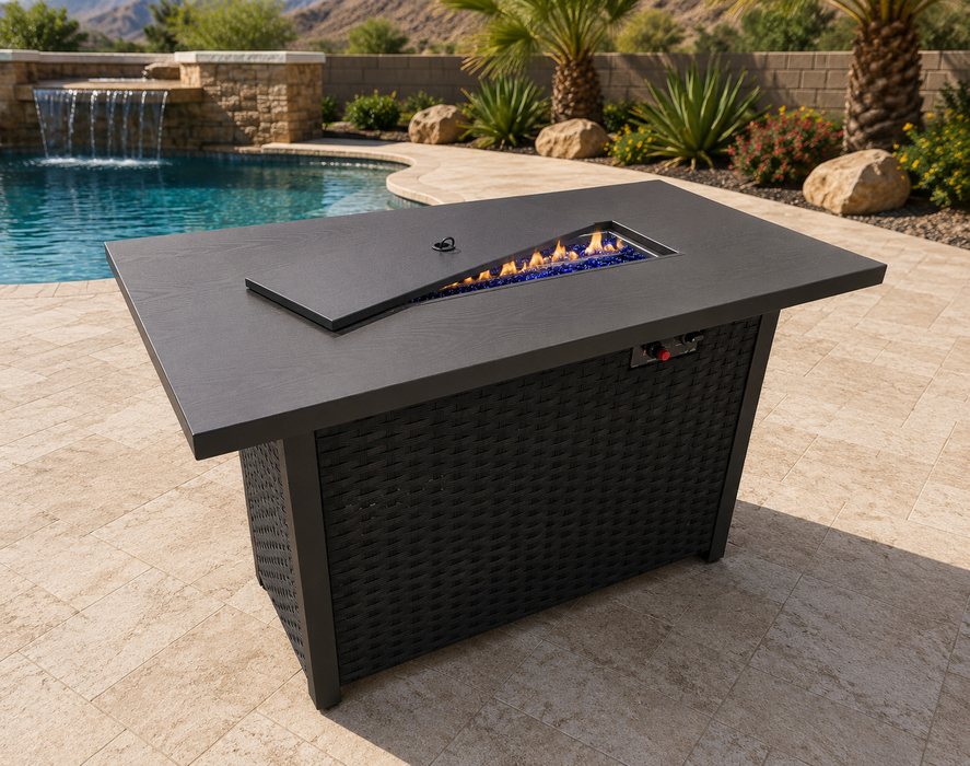 Oasis Outdoor Fire Pit Table Propane Fueled Aluminum w/ Lid and Fire Glass Shield