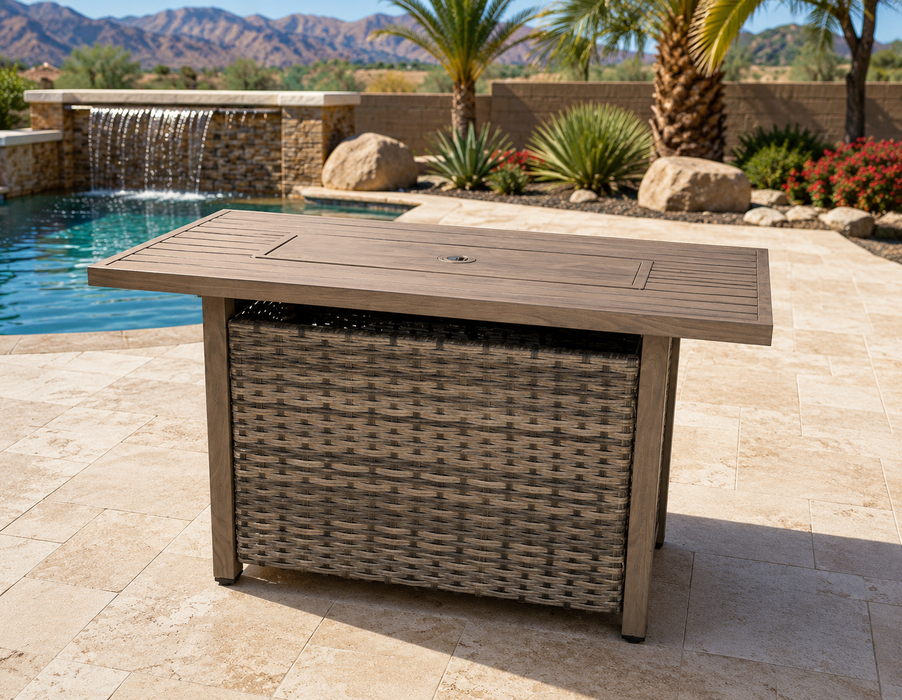 Oasis Outdoor Fire Pit Table Propane Fueled Aluminum w/ Lid and Fire Glass Shield