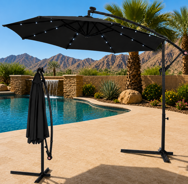 10 Foot Solar LED Offset Cantilever Hanging Patio Umbrella w/ Weighted Sand Base
