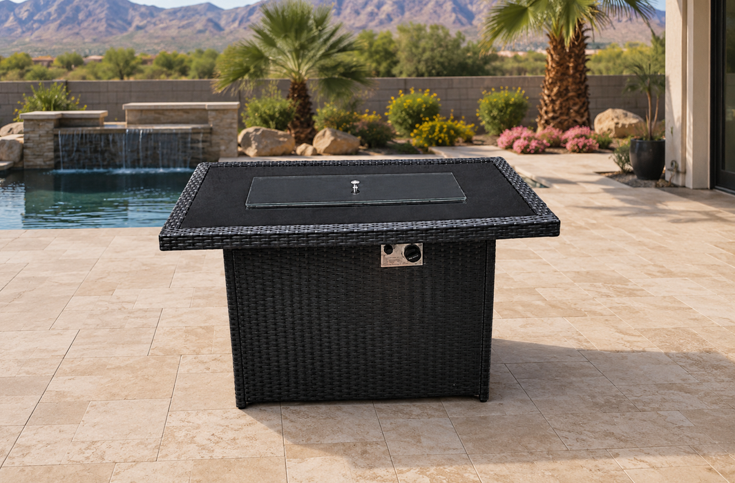 Oasis Outdoor Fire Pit Table Propane Fueled Aluminum w/ Lid and Fire Glass Shield