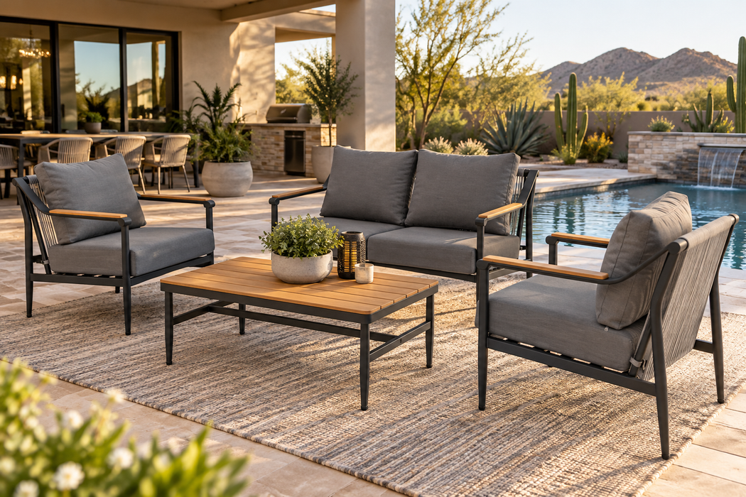 Modern 4 Piece Outdoor Patio Conversation Set with Gray Cushions & Coffee Table