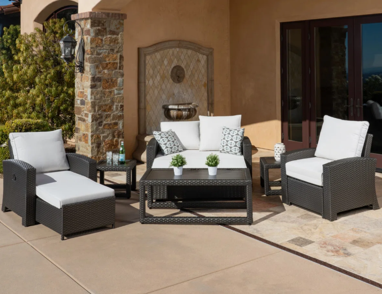 Sidney 6-Piece Wicker Outdoor Reclining Seating Set With White Cushions