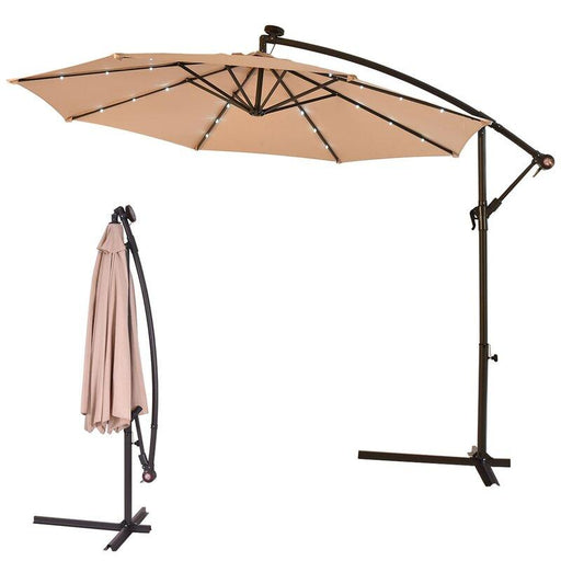 10 Foot Solar LED Offset Cantilever Hanging Patio Umbrella w/ Weighted Sand Base 10 ft / Tan 10 Foot Solar LED Offset Cantilever Hanging Patio Umbrella w/ Weighted Sand Base 10 ft / Tan