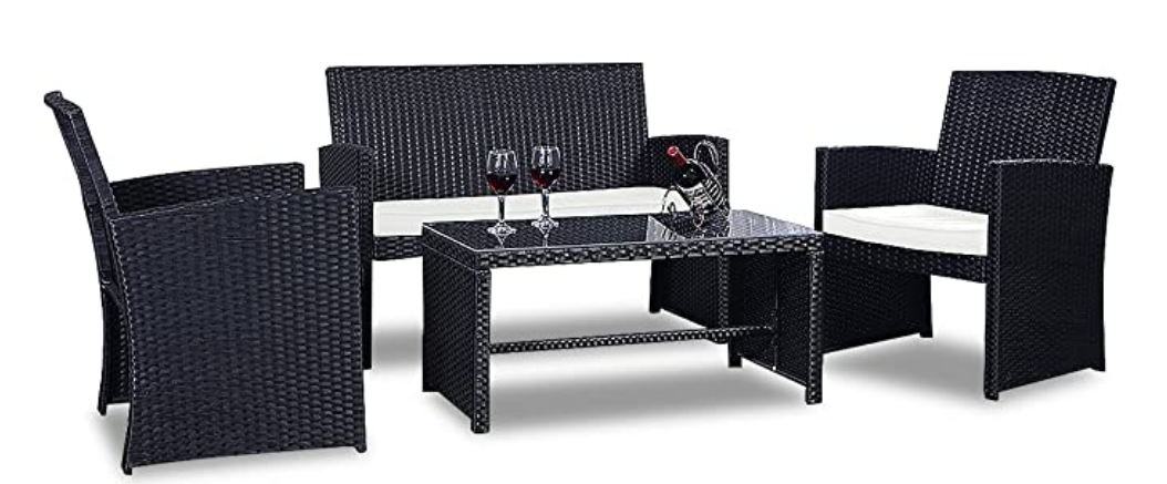 Boho Bay 4 Piece Wicker Style Patio Set with 2 Chairs, Loveseat, & Glass Table